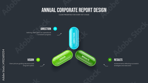 Service Report Slide Template Vector Illustration. Corporate Introduction 3 Step Infographic Slideshow Design. Advertising Portfolio Three Option Diagram Presentation Layout.