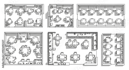 Restaurant floor plans showcasing various seating arrangements and layouts for dining areas.