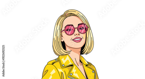 A smiling blonde woman in a yellow leather jacket and pink round sunglasses looks cheerfully to the side.