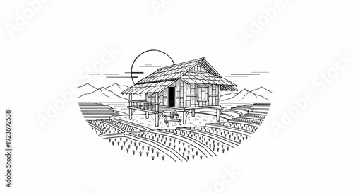 Rustic stilt house surrounded by rice terraces under a sun-like circle