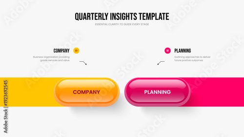 Modern Planning 2 Option Infographic Slide Design. Enterprise Performance Two Step Diagram Slideshow Layout. Consulting Showcase Presentation Template Vector Illustration.