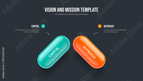 Visual Insight Two Element Diagram Slideshow Template. Marketing Overview 2 Option Infographic Frame Layout. Market Profile Slide Design Vector Illustration.