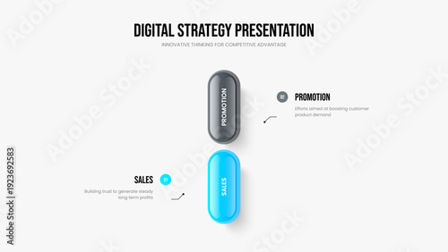 Advertising Overview 2 Element Infographic Slide Template. Modern Solution Presentation Design Vector Illustration. Marketing Forecast Two Option Diagram Frame Layout.