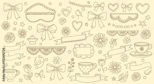 Charming Vintage Hand-Drawn Elements Collection Featuring Bows Hearts Flowers Teacups Ribbons and Lace for Decorative Design