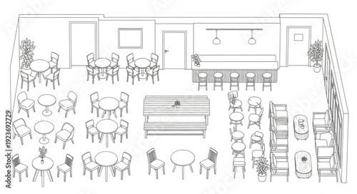 Restaurant layout with tables, chairs, bar, and various seating arrangements, top view.