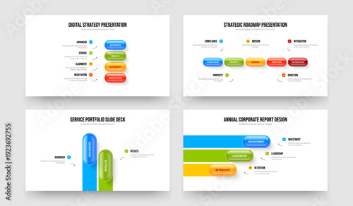 Advertising Innovation 4 5 2 3 Element Infographic Slideshow Design Bundle. Project Performance Four Five Two Three Option Diagram Frame Template Vector Illustration Set.