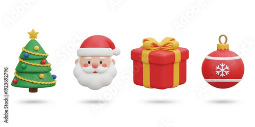 Adorable 3D Christmas Holiday Icons Set with Decorated Xmas Tree, Santa Claus Face, Gift Present Box with Bow, and Red Bauble Ornament for Festive Season, Winter Celebrations, Greeting Cards