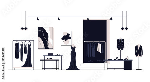 An elegant fashion boutique interior with minimalist design, featuring clothing racks, mannequins, dress forms, and abstract artworks.