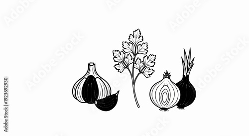 Simple line drawing of garlic, parsley, and onions on a white background