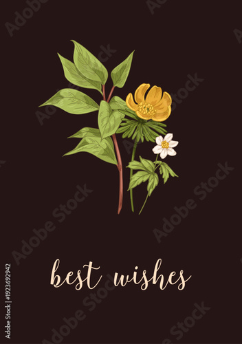 Floral card, vintage botanical poster design. Spring flower plants, branches,...