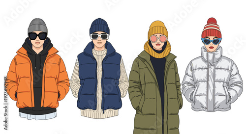 Four young individuals, two men and two women, wear colorful winter puffer jackets, vests, sweaters, hats, and sunglasses.