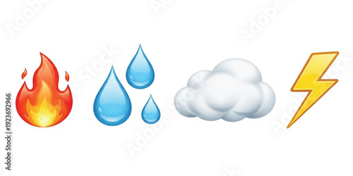 Classic Weather and Nature Elements Icon Set with Fire Flame, Water Drops, Fluffy Cloud, and Lightning Bolt Thunderstorm Symbols for Meteorology Apps, Forecast Designs, Climate Illustrations