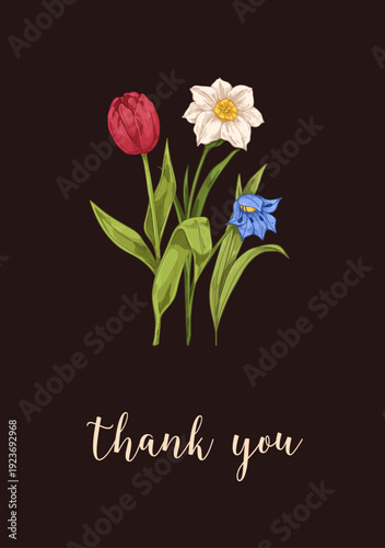 Spring flowers, floral botanical vintage card design. Retro drawn style garde...