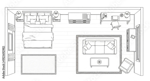 Detailed top-down view of a living room with furniture arrangement.