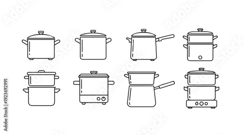 Assorted Cooking Pots and Steamers Line Art Icons