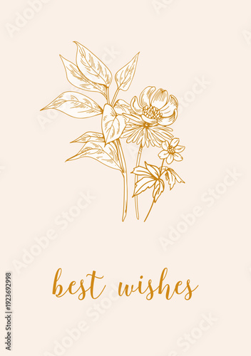 Floral botanical card in vintage retro style. Outline contour flowers, nature...