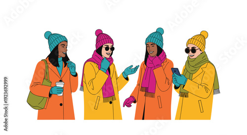 Four diverse young women in colorful winter coats, hats, scarves, and gloves are talking and holding accessories.