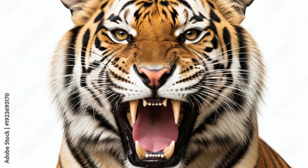 Fototapeta premium Roaring Majesty Striking Tiger Portrait Against White Backdrop.