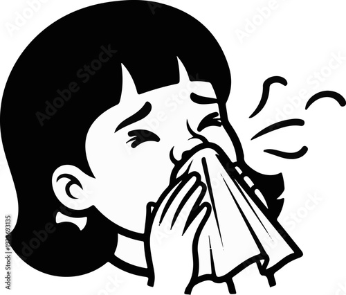 Person with illness blowing their nose with a tissue, showing distress