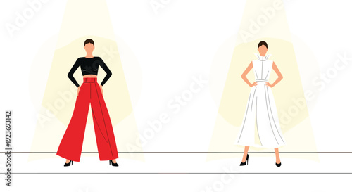 Flat illustration of two models posing on a runway under spotlights, wearing red wide-leg pants and a white high-neck jumpsuit.