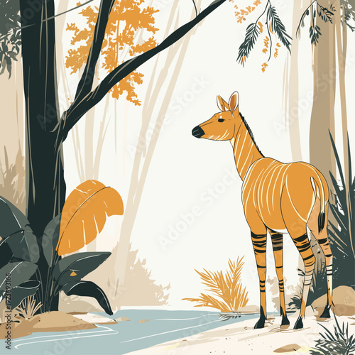 Curious Okapi in Jungle Clearing