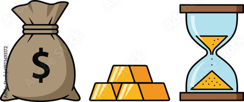 Wealth and Time Management Concept Vector Set with Brown Money Bag Gold Ingots and Hourglass Isolated on White Background