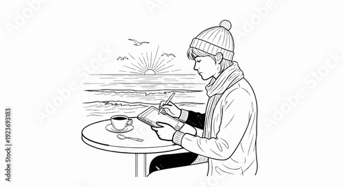 Person with tablet and coffee by the sea at sunrise, drawing
