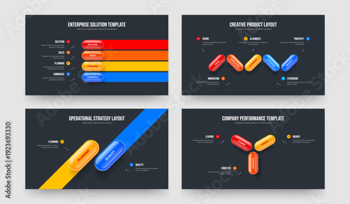 Professional Briefing Four Five Two Three Element Diagram Presentation Template Vector Illustration Collection. Marketing Report 4 5 2 3 Option Infographic Frame Design Set.