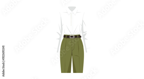 Flat lay illustration of a white long-sleeved shirt with a black belt tucked into green pleated trousers on a white background.