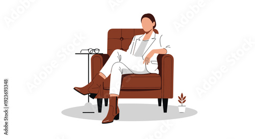 Faceless woman in white pantsuit and brown ankle boots sitting relaxed in a brown armchair beside a side table with glasses.