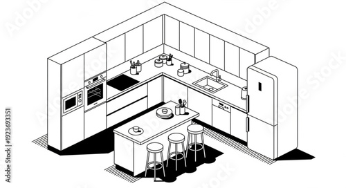 Modern kitchen design with island, cabinets, appliances, and seating arrangement.