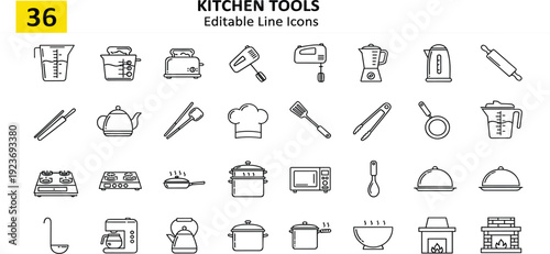 Kitchen Tools Editable Line Icon Set with Cooking Utensils, Appliances, and Restaurant Equipment Symbols for Culinary, Food Preparation, and Menu Design Projects