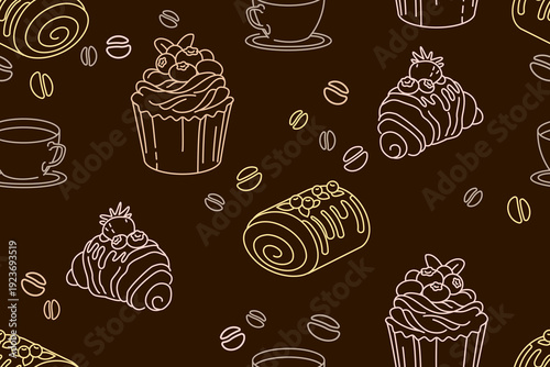 Seamless pattern for bakeries, cafes, and pastry shops. Background with food and coffee images in pastel colors. Thin line icons of pastry products: croissant, cake, and cupcake. Cute vector 