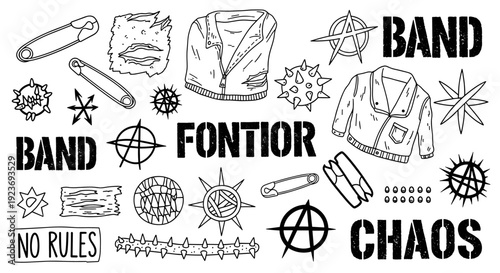 Punk Rock Band Music Style Elements and Symbols Collection Hand Drawn Sketch Style