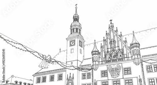 Ornate gothic building with a clock tower, adorned with festive lights and angel decorations