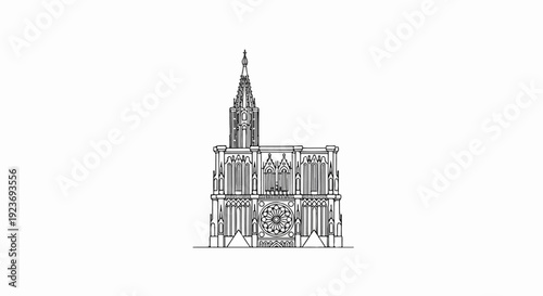 Ornate gothic cathedral facade with a tall spire and rose window