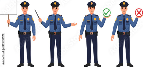 Police Officer Character Set with Stop Sign Approval and Rejection Gestures Law Enforcement Uniform Cartoon Vector Illustration Collection for Safety and Security Design