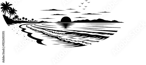 Silhouette of a serene tropical beach at sunset with palm trees and birds