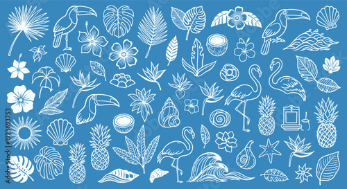 Tropical Summer Collection Seamless Pattern Design Elements Exotic Flora Fauna Flamingo Toucan Pineapple Leaves Seashells Waves