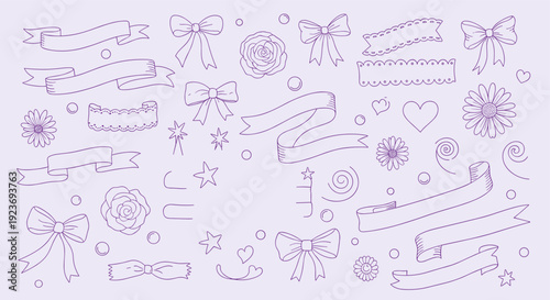 Charming Hand Drawn Purple Doodles Featuring Ribbons Bows Flowers Hearts Stars and Swirls on a Light Purple Background
