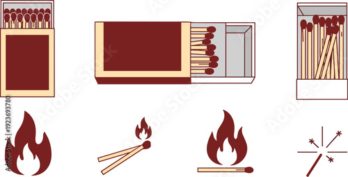 Matches and Fire Vector Set with Matchbox Open Box Burning Matchsticks and Flame Symbols Isolated on White Background