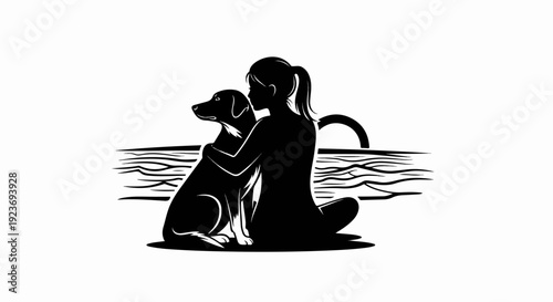Silhouette of a girl embracing a dog by the water at sunset