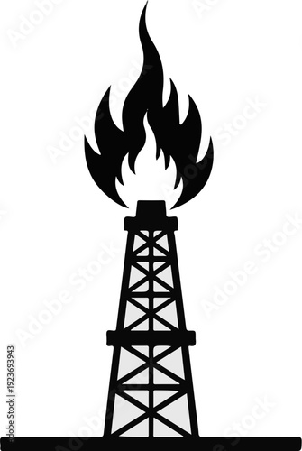 Silhouette of a flaming oil derrick against a white background, symbolizing energy
