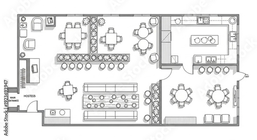 Restaurant floor plan with tables, chairs, and various seating arrangements.