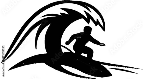 Silhouette of a surfer riding a large wave, dynamic motion