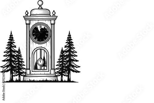 Ornate grandfather clock with Roman numerals, set amidst coniferous trees
