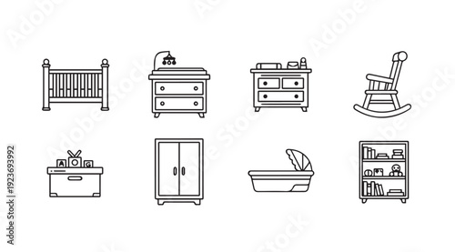 Baby Nursery Furniture Icons: Crib, Changing Table, Dresser, Rocker, Wardrobe, Bassinet, Bookshelf