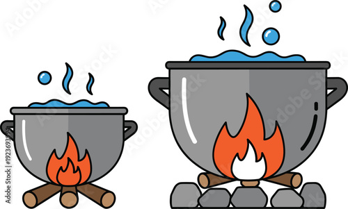 Cooking and Boiling Pot Vector Set with Metal Cauldrons Over Open Fire and Hot Water Symbols Isolated on White Background