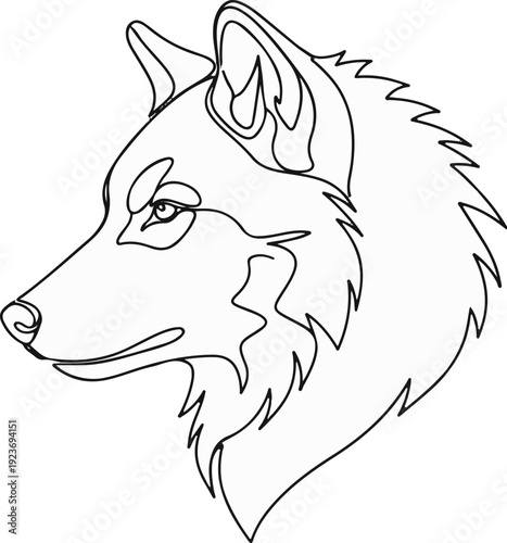 Single continuous line drawing of a wolf's head in profile, facing left