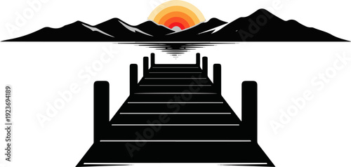 Pier leads to sunlit mountains reflected on water